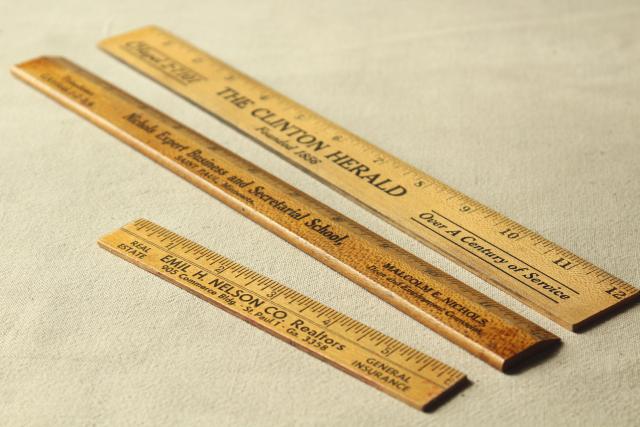 old wood rulers, 1950s vintage St Paul Minn & Clinton Iowa advertising