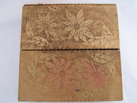 old woodburned flemish art style floral wood box, vintage pyrography