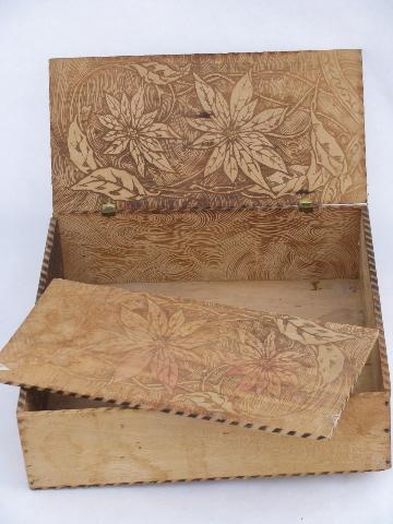 old woodburned flemish art style floral wood box, vintage pyrography