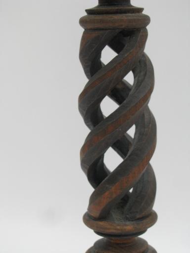 old wooden candlestick, barley twist and flower, hand-carved wood