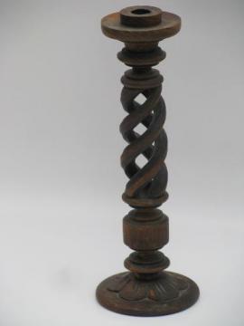 old wooden candlestick, barley twist and flower, hand-carved wood