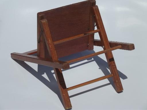 old wooden folding chair, little child's size camp seat, vintage wood stool