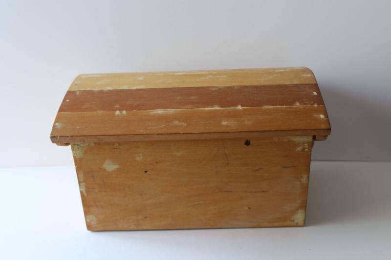 old wooden sewing box, doll size vintage wood dome top trunk w/ till