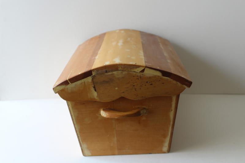 old wooden sewing box, doll size vintage wood dome top trunk w/ till
