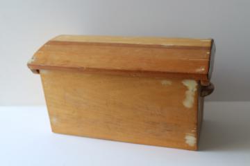 old wooden sewing box, doll size vintage wood dome top trunk w/ till