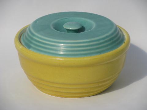 old yellow / green stoneware pottery covered bean pot or refrigerator dish