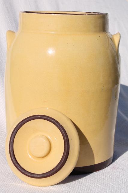 old yellow stoneware cookie jar crock, hand painted pottery 1930s 40s vintage