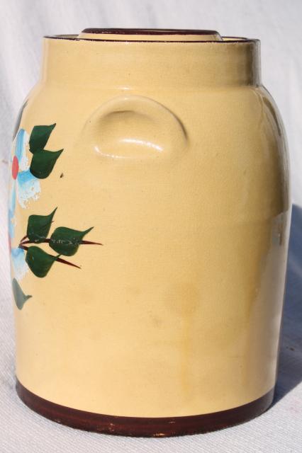 old yellow stoneware cookie jar crock, hand painted pottery 1930s 40s vintage
