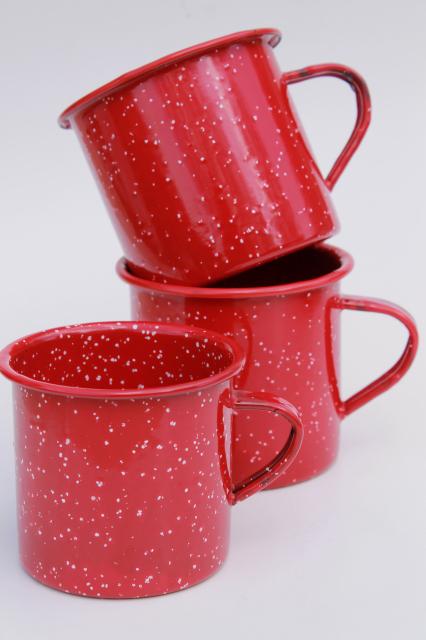 old-fashioned enamelware camp cups, red & white spatter graniteware coffee mugs