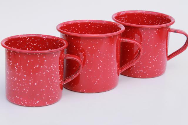 old-fashioned enamelware camp cups, red & white spatter graniteware coffee mugs