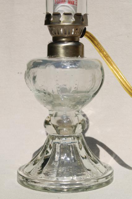 old-fashioned oil lamp antique reproduction, small glass chimney lamp wired for electricity