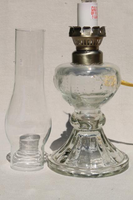 old-fashioned oil lamp antique reproduction, small glass chimney lamp wired for electricity