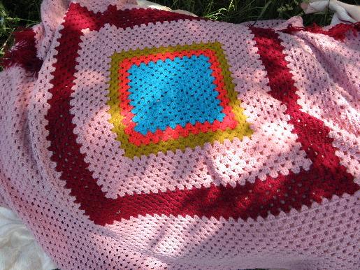 one big granny square, retro vintage crochet blanket, afghan or throw