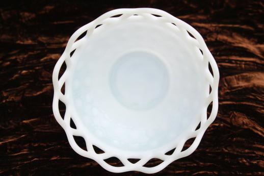 opalescent milk glass bowl, vintage Imperial glass basket laced edge candy dish