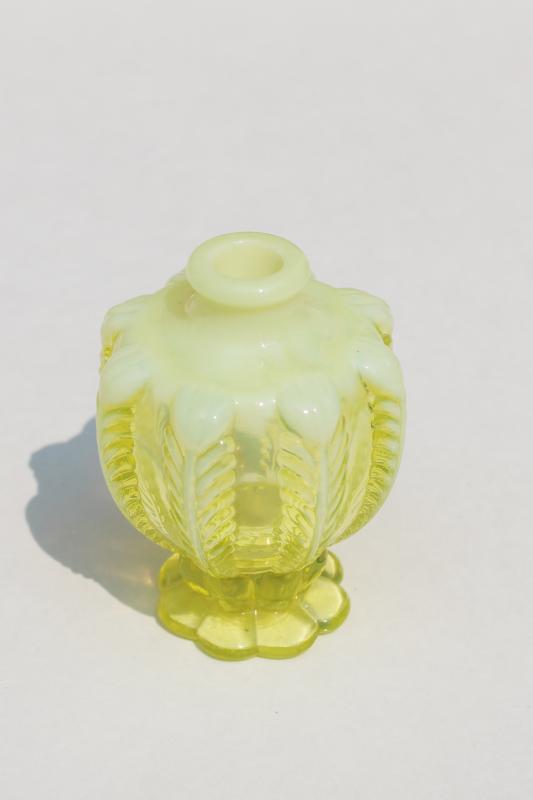 opalescent topaz yellow uranium glass perfume bottle, vintage Fenton atomizer
