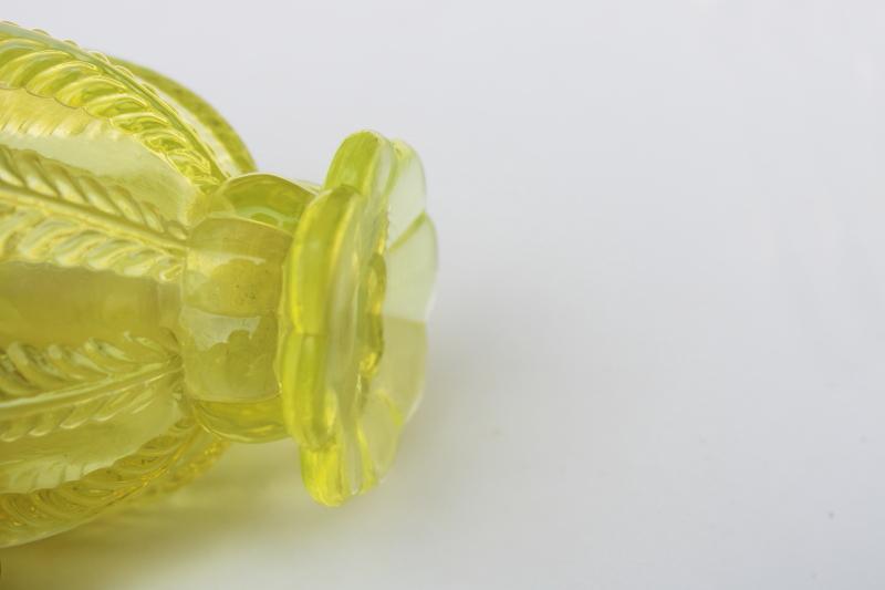 opalescent topaz yellow uranium glass perfume bottle, vintage Fenton atomizer