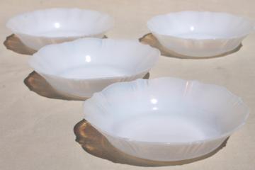 opalescent white depression glass cereal bowls, vintage MacBeth Evans Monax opal milk glass