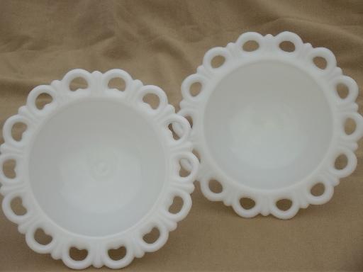 open lace edge milk glass plates & footed compote bowls for ribbon border