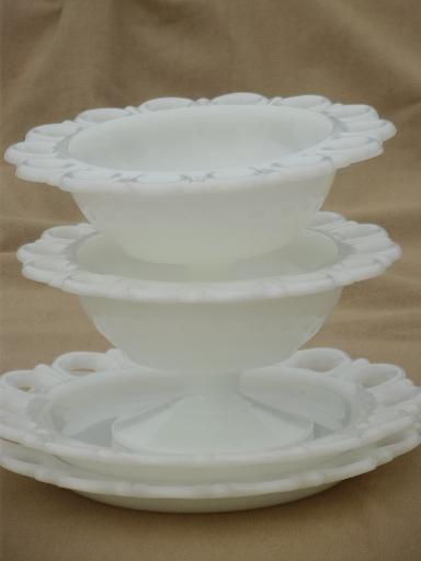 open lace edge milk glass plates & footed compote bowls for ribbon border