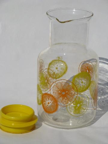 orange and lemon slice print Pyrex glass juice / tea bottle carafe
