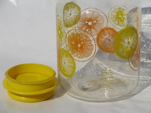 orange and lemon slice print Pyrex glass juice / tea bottle carafe