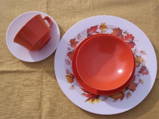 orange autumn leaf print melmac dinnerware set for 12, retro 60s vintage