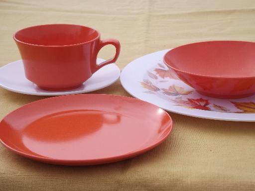orange autumn leaf print melmac dinnerware set for 12, retro 60s vintage