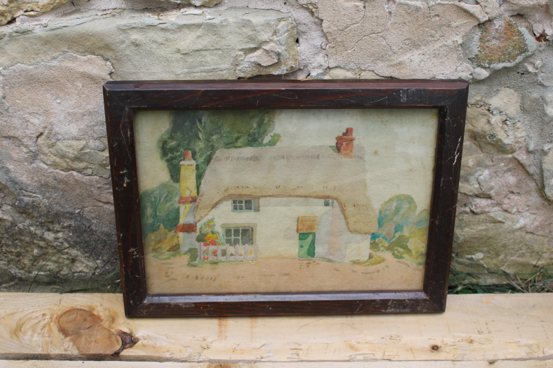 original art antique vintage watercolor painting thatched cottage in frame