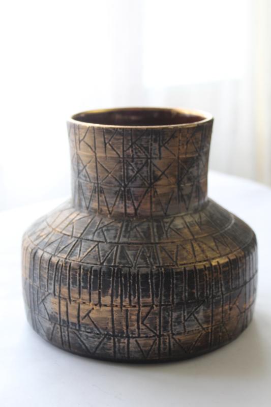 original label vintage Raymor Italian art pottery vase, MCM matte black & gold