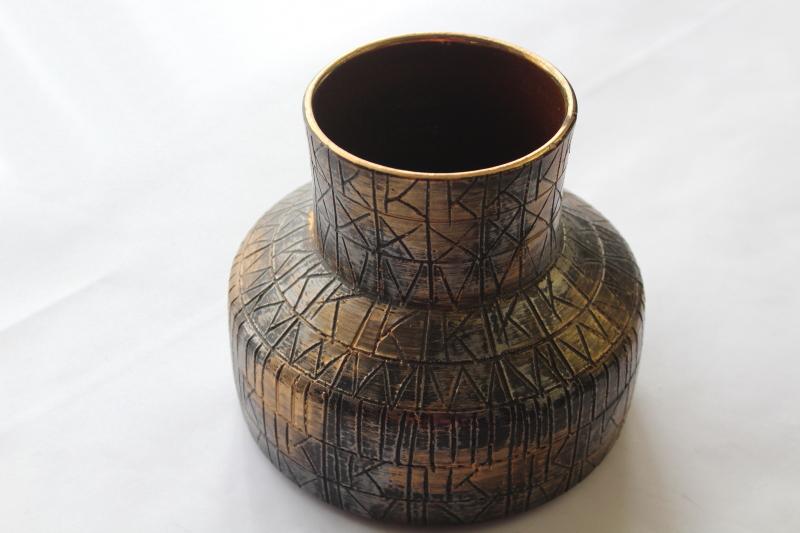 original label vintage Raymor Italian art pottery vase, MCM matte black & gold