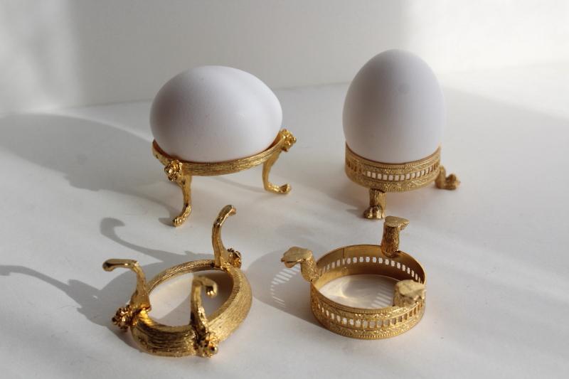 ornamental egg stands, ornate gold tone metal egg holders for portrait & landscape eggs