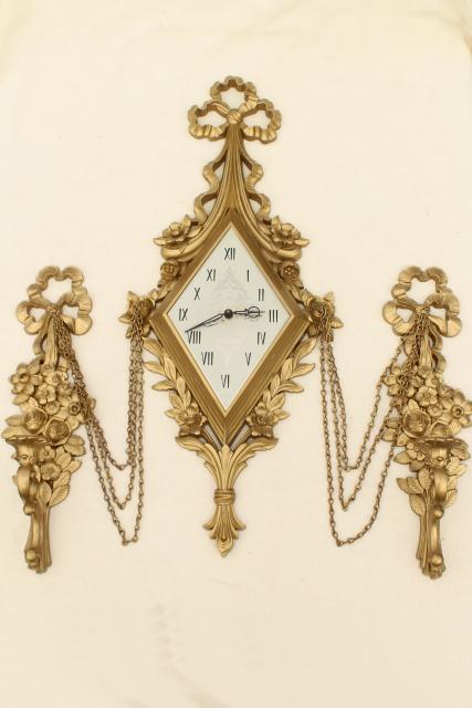 ornamental gold rococo wall art set, vintage Syroco candle sconces & clock not working