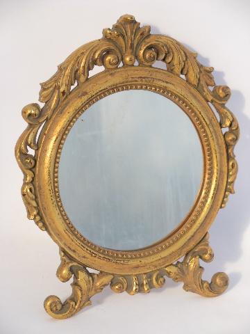 ornate Spanish mirror for boudoir vanity table, antique gold finish frame, easel stand