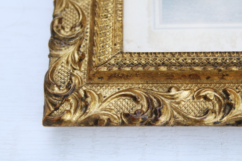 ornate antique gold gesso picture frame w/ original wood plank back, holds vintage wedding photo