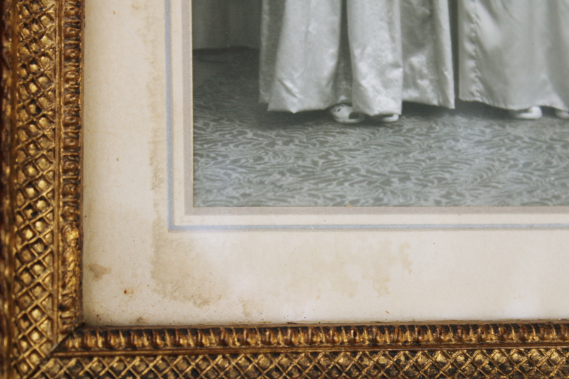 ornate antique gold gesso picture frame w/ original wood plank back, holds vintage wedding photo