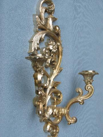 ornate antique gold rococo wall sconces, vintage floral candle brackets