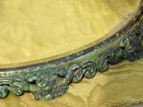 ornate antique heavy glass mirror plateau, shabby worn silver flowers