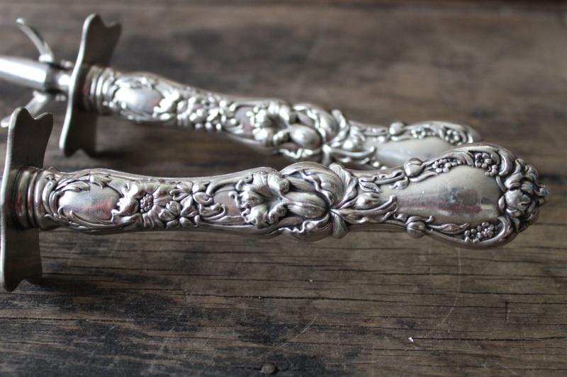 ornate antique silver handled carving set knife and fork, engraved December 25th 1906