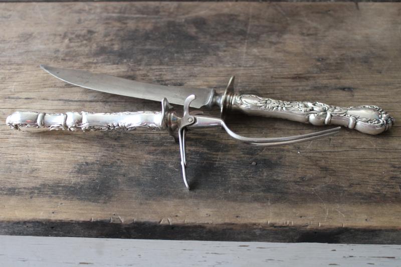 ornate antique silver handled carving set knife and fork, engraved December 25th 1906