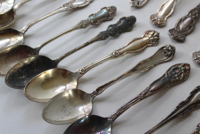 ornate antique silver plate spoons, vintage flatware lot 50 tea spoons mixed patterns