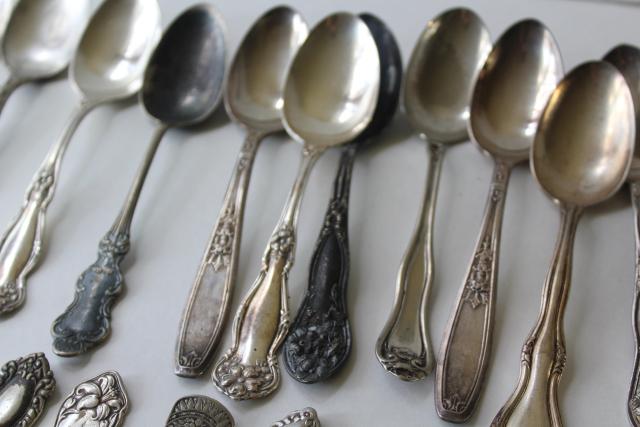 ornate antique silver plate spoons, vintage flatware lot 50 tea spoons mixed patterns