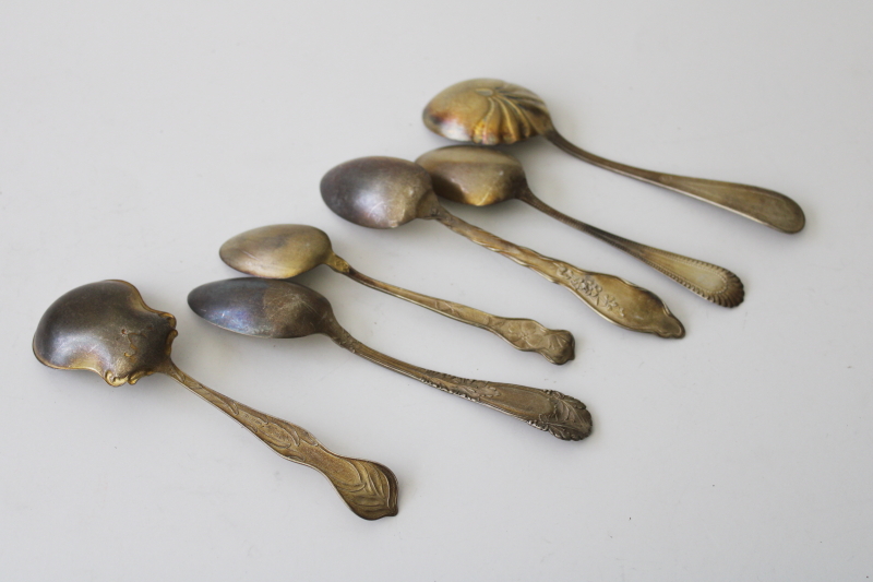 ornate antique sterling silver spoons, mismatched teaspoons sugar spoons 1800s Victorian