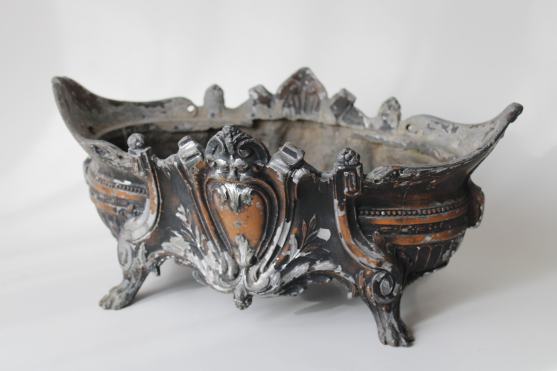 ornate antique vintage cast metal planter, faux bronze finish distressed patina