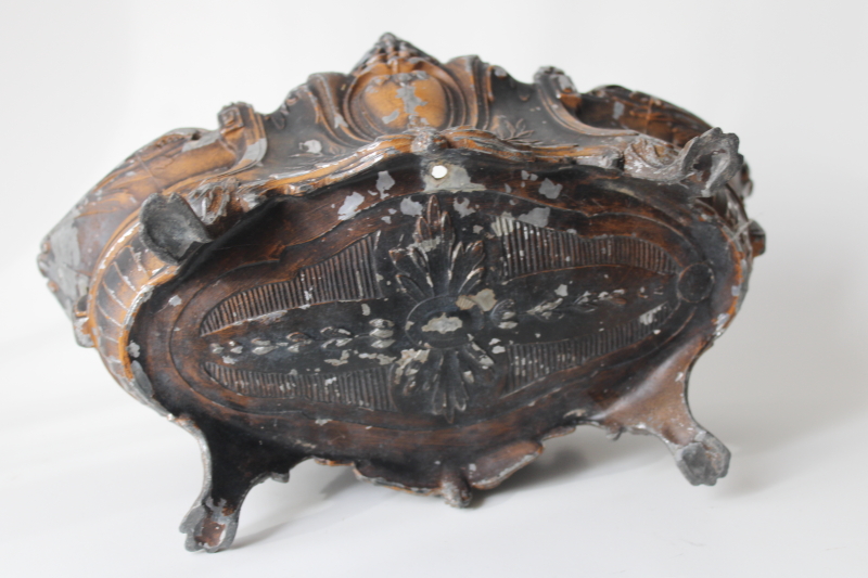 ornate antique vintage cast metal planter, faux bronze finish distressed patina