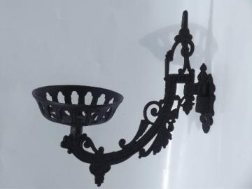 ornate cast metal oil lamp holder wall hanging bracket, vintage Emig?