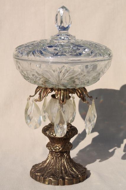ornate glass candy dish, mid-century vintage hollywood regency w/ plastic prisms & antique gold