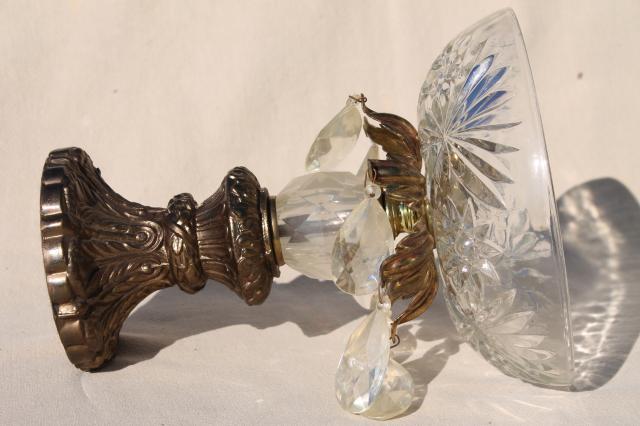 ornate glass candy dish, mid-century vintage hollywood regency w/ plastic prisms & antique gold