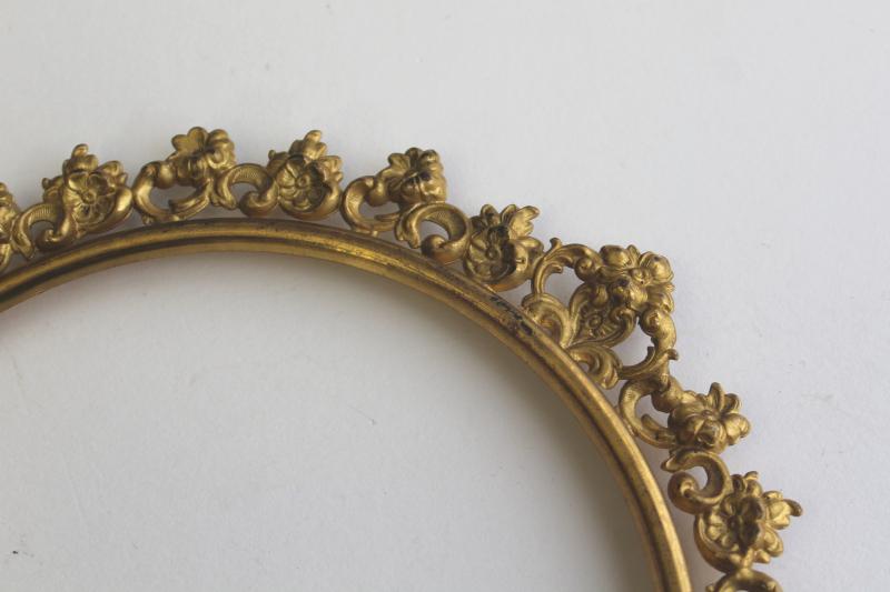 ornate gold ormolu style vintage metal frame, round picture frame, needlework or plate holder