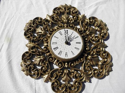 ornate gold rococo plastic wall clock, vintage Burwood