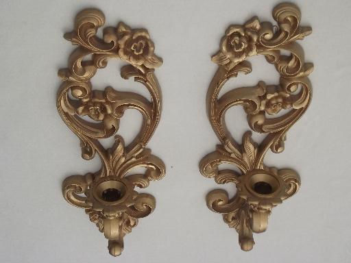 ornate gold wall sconces, vintage Homco candle holders wall plaques 